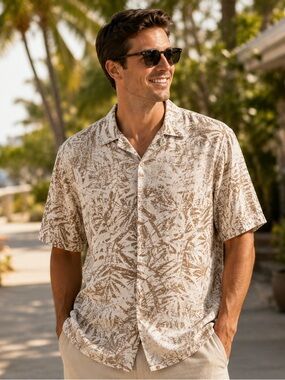 Tasso Elba Beige and Brown Tropical Print Short-Sleeve Shirt